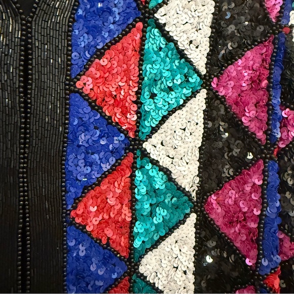 Amazing Vintage Condition Nite Line Silk Harlequin Diamond Sequin Beaded Jacket - Picture 2 of 7